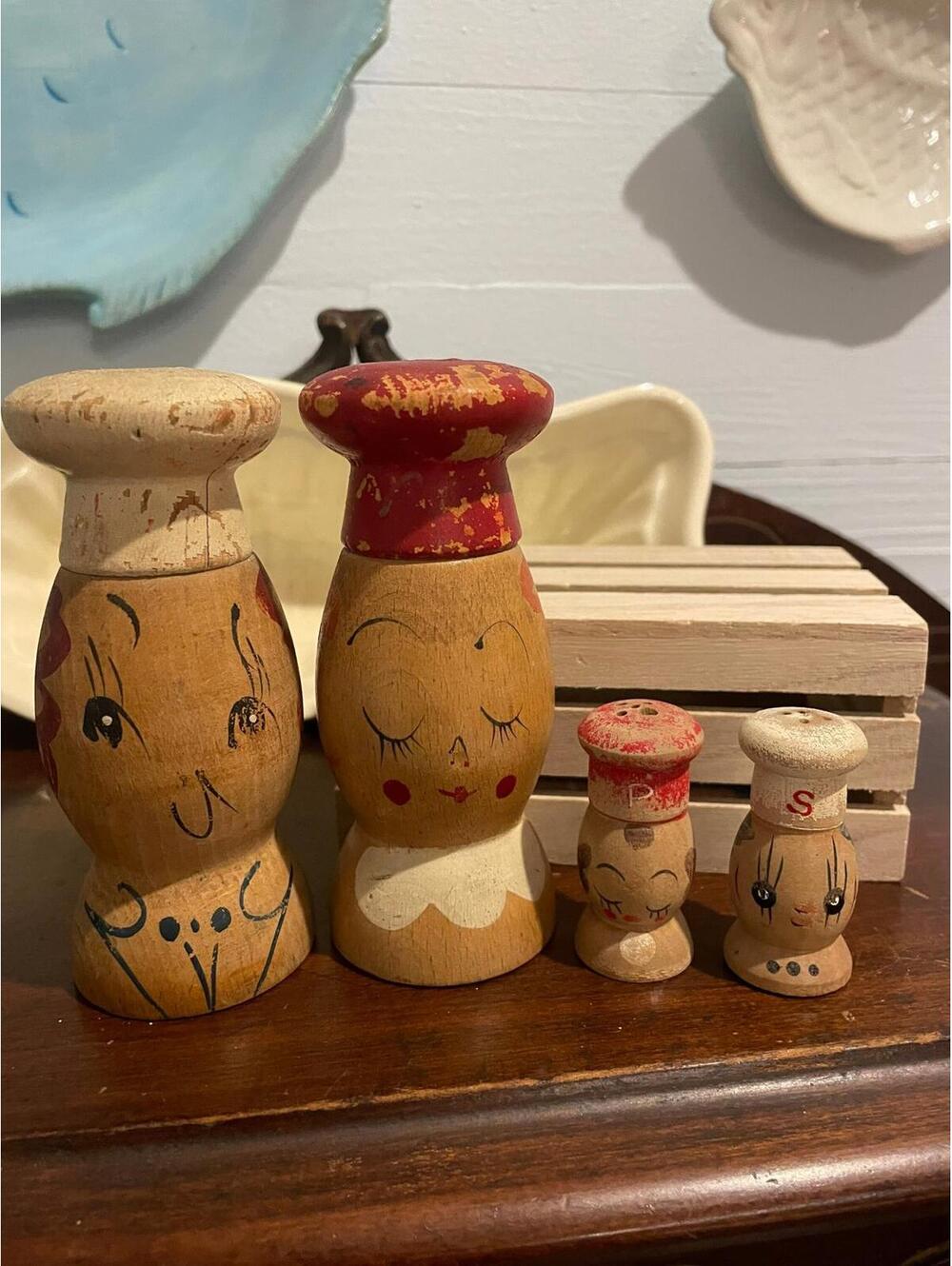 Vintage Wooden Chef Salt and Pepper Shakers - Two Sets